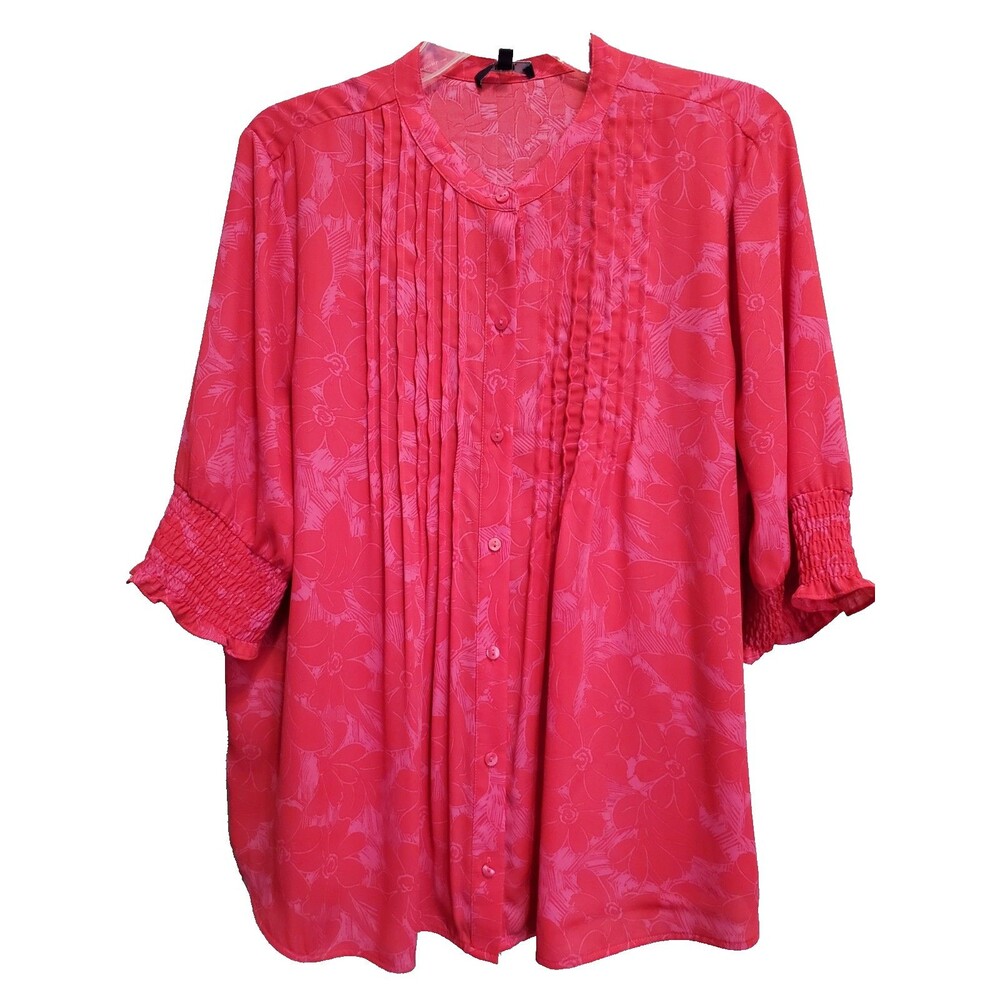 NYDJ Red & Pink Floral Pintucked Smocked Cuff Button-Up Blouse Size Large